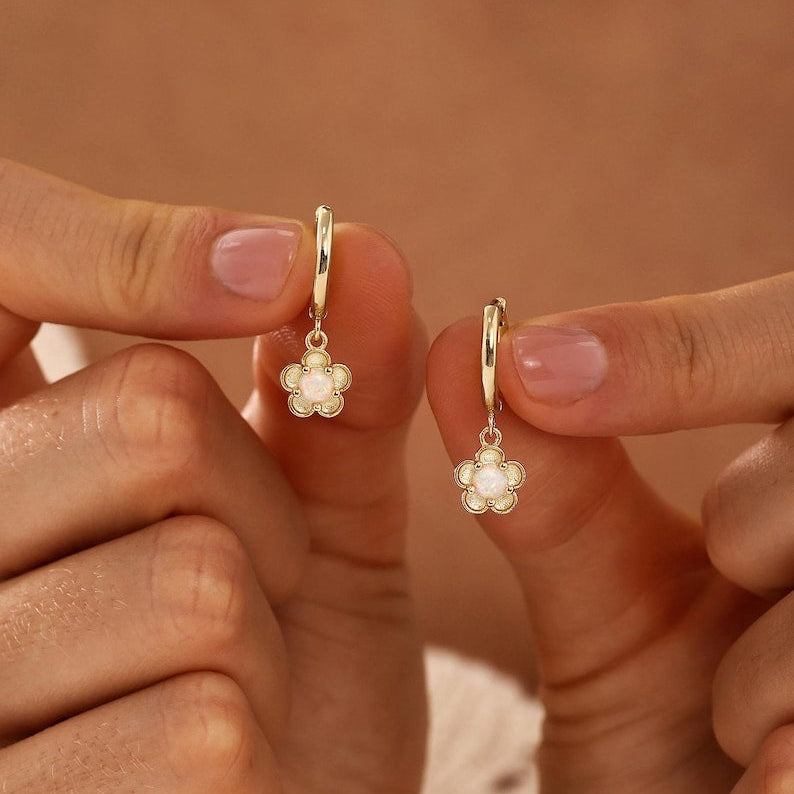 Opal flower hoop earrings, available in 18K gold or 925 sterling silver, featuring a 10mm hoop-style drop design